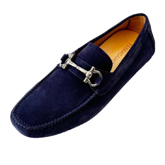 NIB - Authentic Ferragamo Men's Parigi Eco Suede Loafer, Blue Marini - Size 9 - Picture 1 of 16